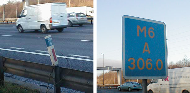 A marker post, and one of the new signs showing the same information