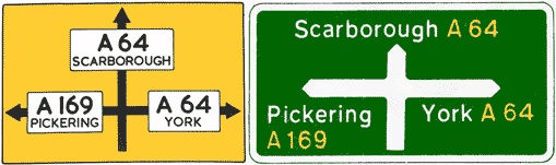 Two signs for the same junction, one pre-Worboys (left) and the other Worboys (right)