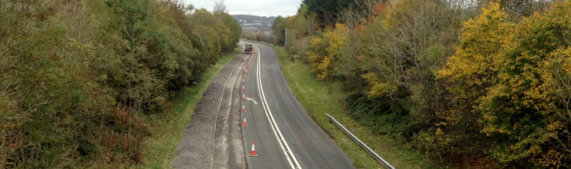 A bypassed section of ex-A465 at Rassau being downgraded to just two lanes for its new role as a local access road. It seems there's no place for a three-lane road any more. Click to enlarge