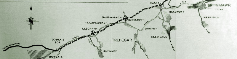 The Ministry of Transport's plan showing the section of the Heads of the Valleys Road to be built on a former railway. Click to enlarge
