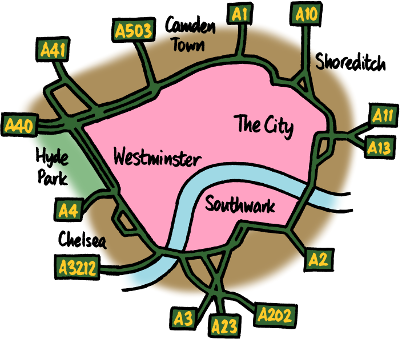 The Congestion Charge zone from January 2011, shown here in pink. Click to enlarge