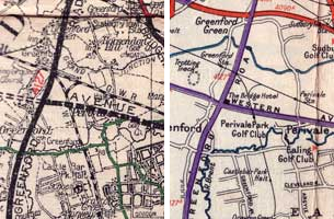 The new road seen in 1928 (left), with Western Avenue still only partly finished, and in 1946 (right). Click to enlarge