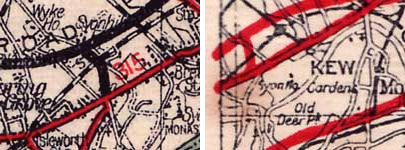 Spur Road forming the main road to Twickenham in a late 1920s Geographia map (left) and already bypassed by the Great Chertsey Road just to the south in the mid-1930s (right). Click to enlarge