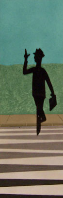 A man crosses the road, looking rather chipper