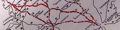 National routes in 1942. Red marks show sections that couldn't be improved on-line. Click to enlarge