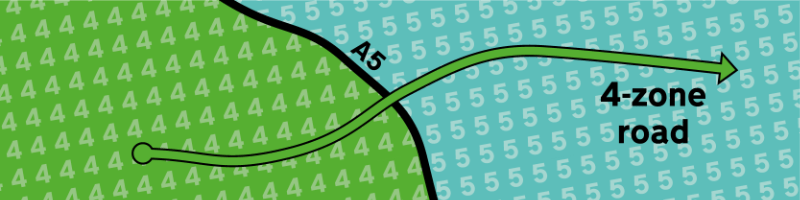 A road from zone 4 can continue clockwise into zone 5