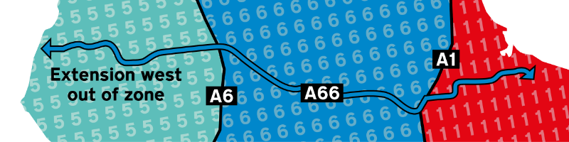 The A66 travels legitimately into zone 1, and illegitimately backwards into zone 5. Click to enlarge