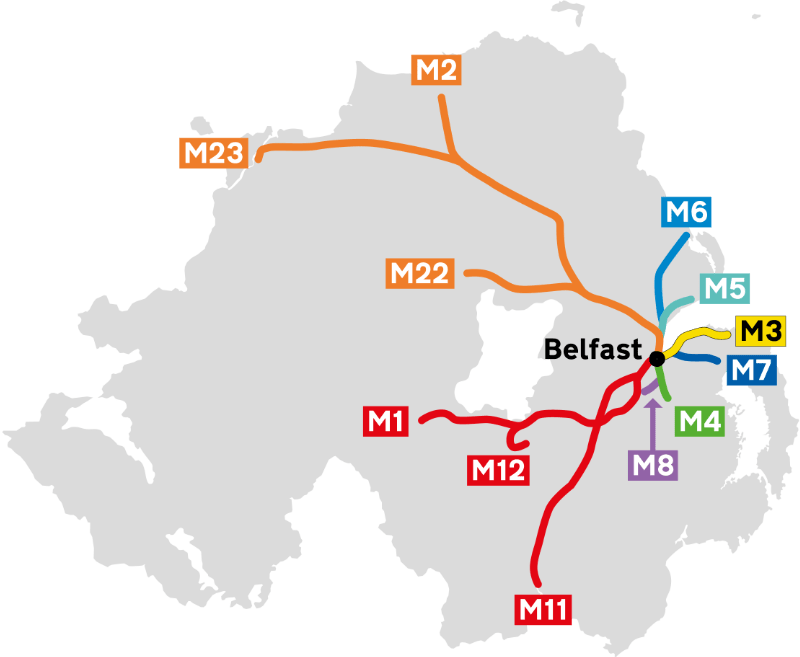The full extent of Northern Ireland's 1960s motorway plans, and the tree-and-branch numbers assigned to them. Click to enlarge