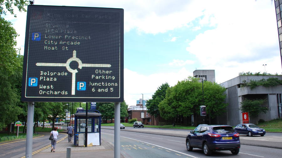This sign on the B4101 Butts Road is enormous and shows a full diagrammatic roundabout sign.