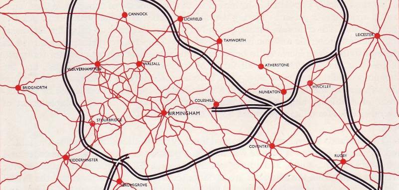 Proposals for motorways published in 1948 by a group looking at transport in the West Midlands, and proposing a Western Orbital motorway. A bit like the current study. Click to enlarge