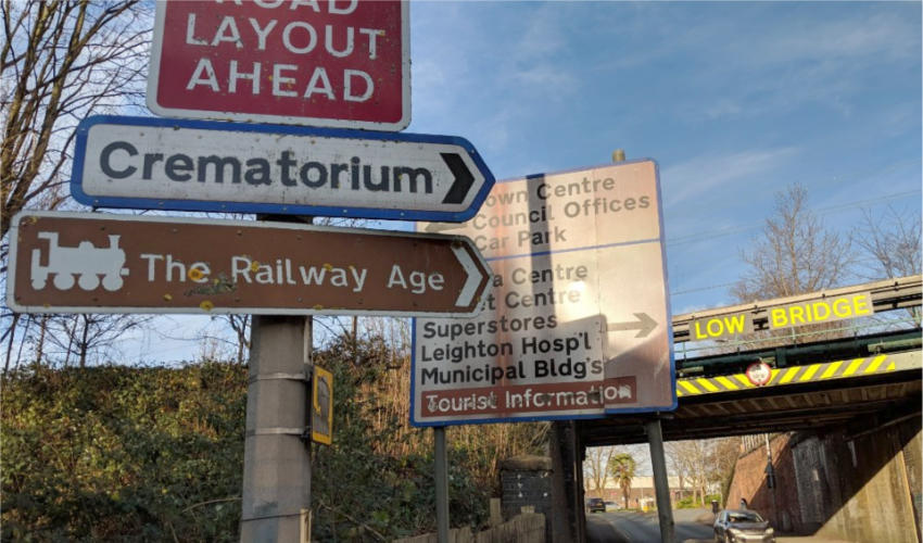 A small Crematorium sign points to a much bigger list of local places.
