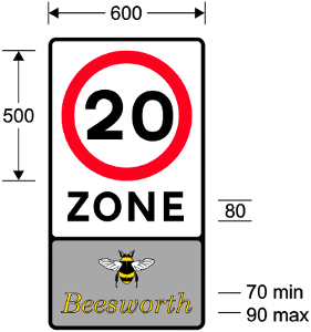 A 20 zone sign in TSRGD, complete with "Beesworth" name panel