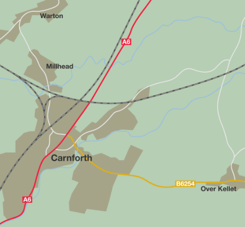 Carnforth in the 1950s, untroubled by motorways but bisected by the A6.