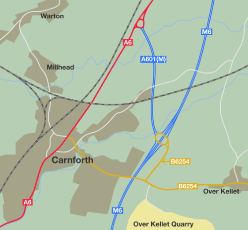 The A601(M) today, shorter than before and only connected to the M6 via a B-road.