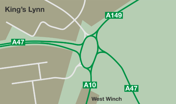 Hardwick Roundabout as built in 1975, just six roads and a big roundabout