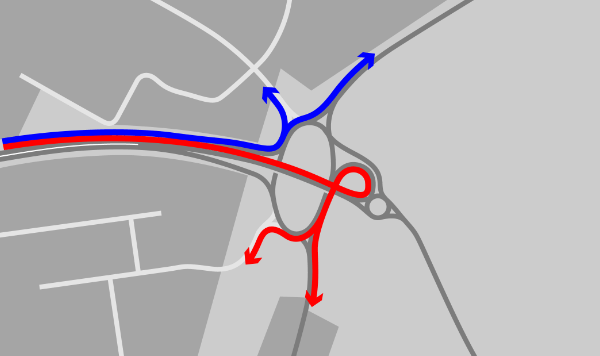 Journeys off the bypass are distributed around the roundabout, avoiding overloading any one part of it.