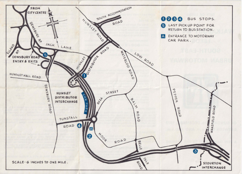 A map of the new motorway and the Walkabout event, with car park and bus stops marked. Click to enlarge