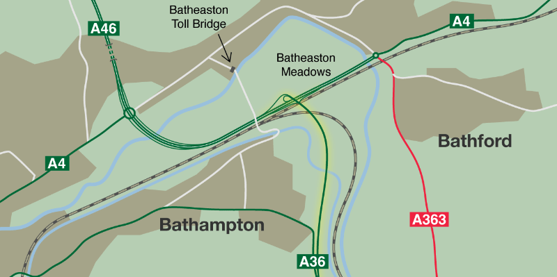 The connection between the bypass and A36, integral to the project but cancelled in 1990. Click to enlarge