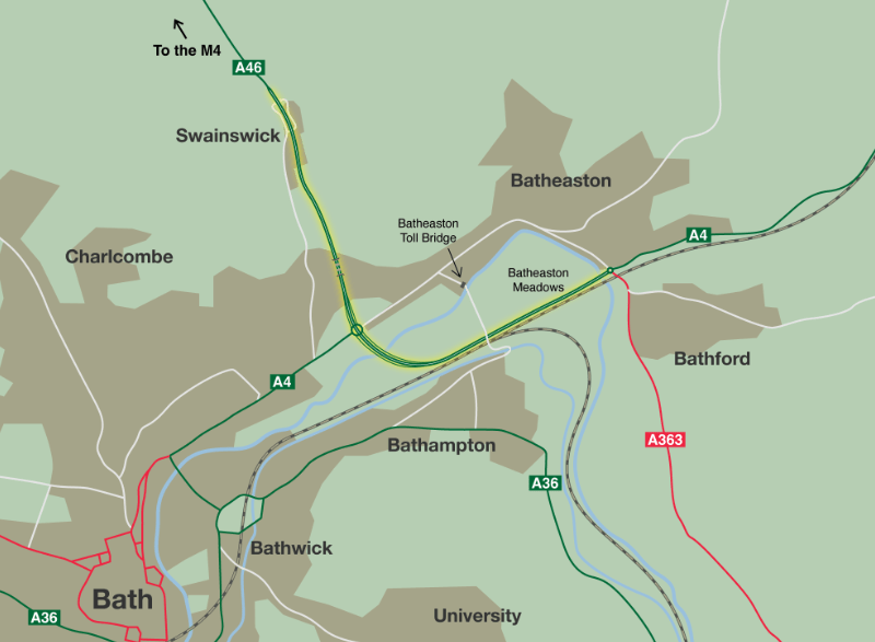 The Batheaston Bypass (highlighted yellow) as it stands today, with connecting roads. Bath lies just to the south west. Click to enlarge