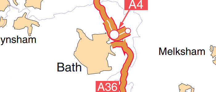 Extract from National Highways' official network map, showing the A36 and A46 failing to connect at Batheaston. Click to enlarge