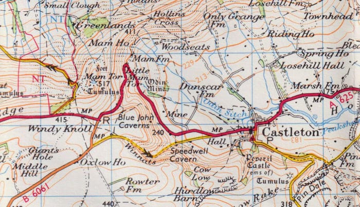 The A625 negotiates Mam Tor, seen on an early 1970s map when it was still open. Click to enlarge