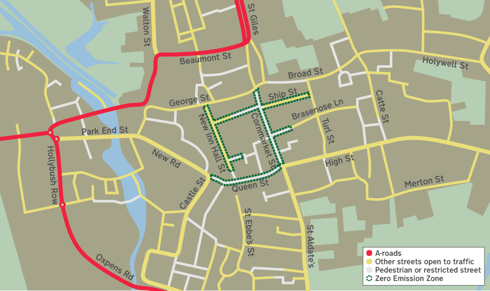 Map of Oxford city centre, showing the current Zero Emission Zone