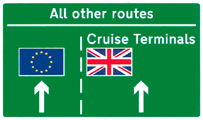 Drawing of a road sign titled "All other routes", with both an EU and UK flag against the two traffic lanes