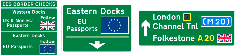 Drawing of three road signs showing EU and UK flags