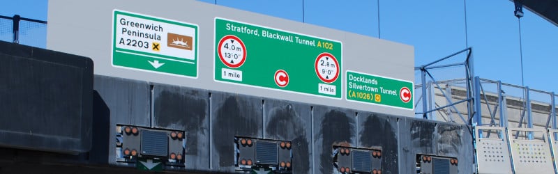 Red "C" Charge symbols on new signs for the Blackwall and Silvertown Tunnels. Click to enlarge