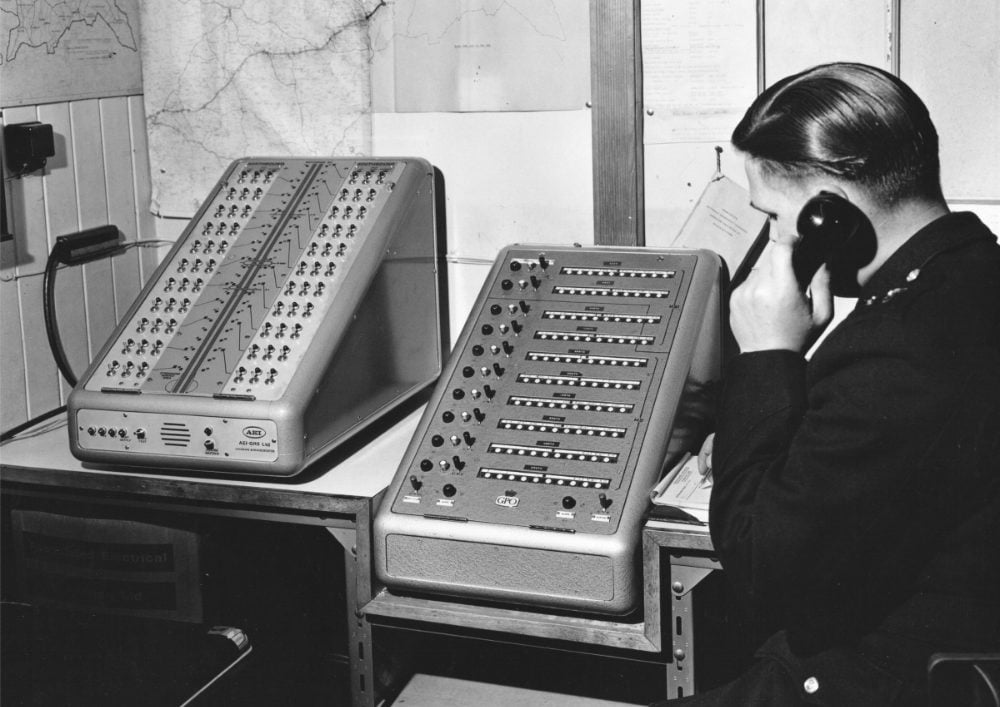 The motorway control room at Hindlip Hall, with control panels for the signals and telephone system. Click to enlarge