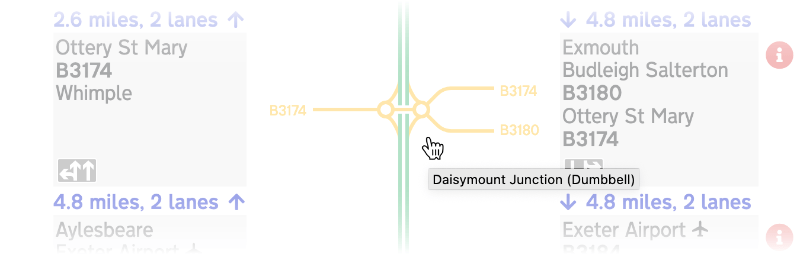 Hovering over a junction to see its name (and the type of junction, shown in brackets)