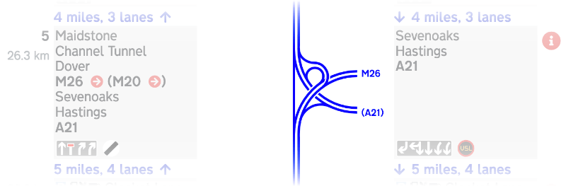 A complex junction where the roads have been twisted to fit the exit list