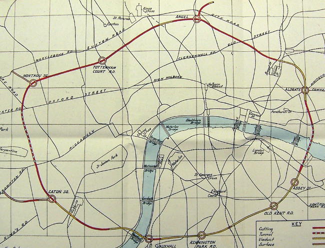 A 1948 LCC plan of the Arterial A-Ring, showing junctions and spurs. Click to enlarge