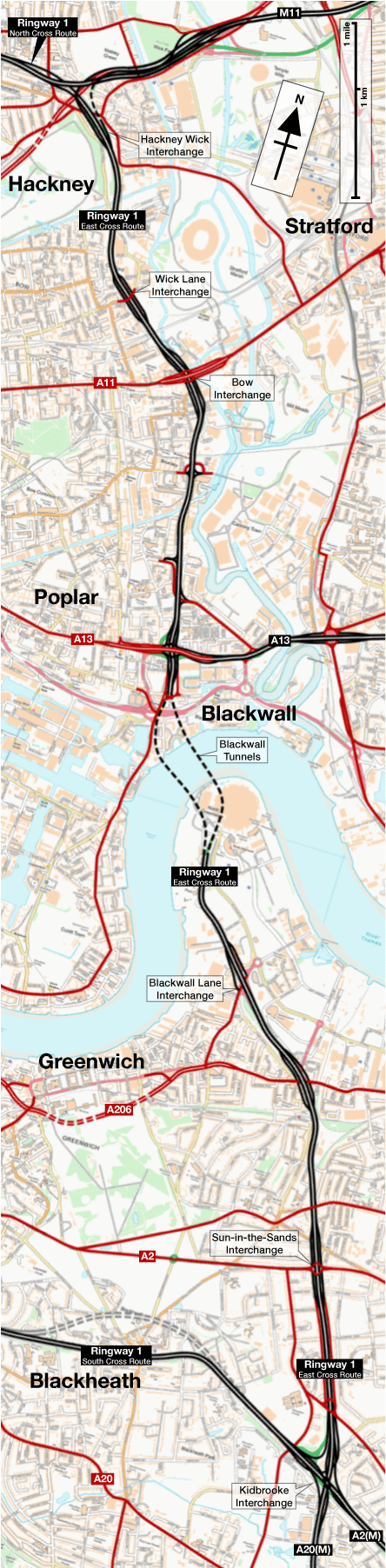 Ringway 1 East Cross Route map