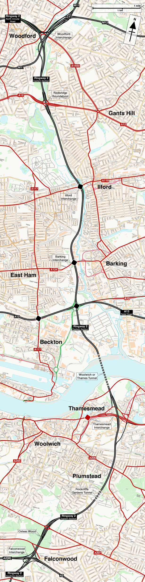Map showing the route of Ringway 2 Eastern Section