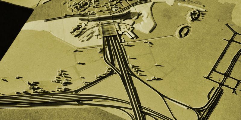 Architectural model showing Thamesmead Interchange, with Ringway 2 descending into tunnel at the top of the picture. Only parts of Thamesmead itself are modelled. Click to enlarge