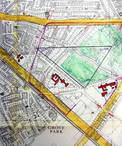 Noise contours within the "Chiswick Triangle", plotted by the Chiswick House Area Residents Association. Click to enlarge