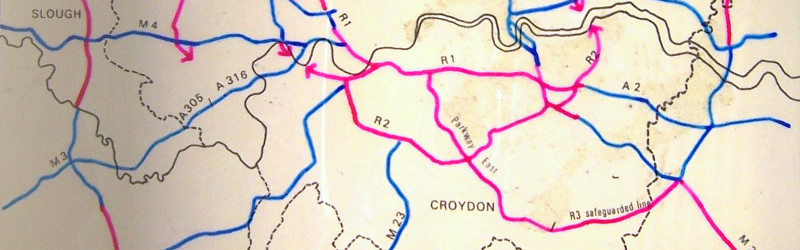 A hand-drawn plan presented to the GLDP Inquiry in 1972, still with no line for Ringway 3's Southern Section. Click to enlarge