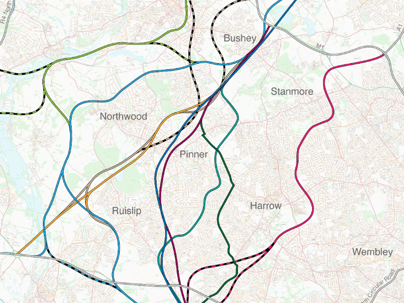 Overview of all alignments proposed for Ringway 3 between A40 and M1, 1944-1973. Click for full size version with key