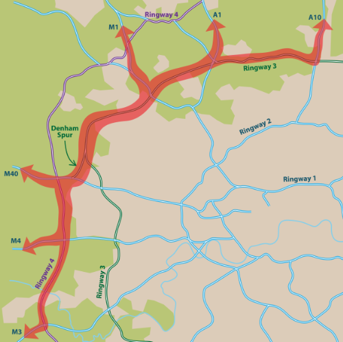 Large volumes of traffic were expected to hop between Ringways 3 and 4 to make orbital journeys between north and west. Click to enlarge