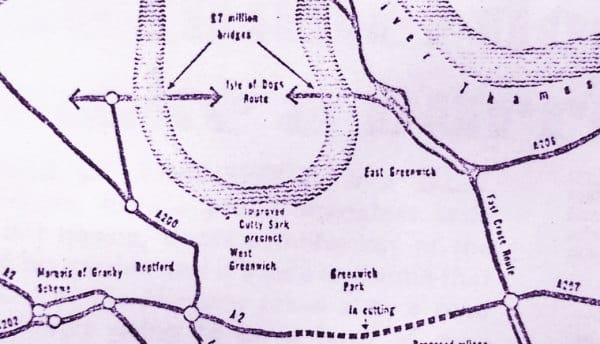 Buchanan's 1971 plan, including the bypass crossing the Isle of Dogs. Click to enlarge