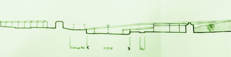Cross-section of A20(M) and existing Sidcup Road side by side near Mottingham. Click to enlarge