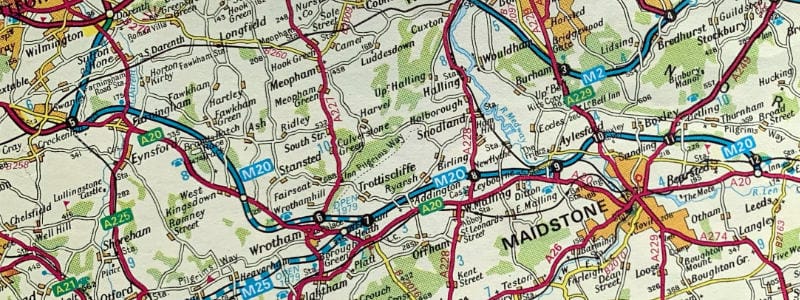 The M20 starting at junction 5, from a 1978 Bartholomew road atlas. Click to enlarge