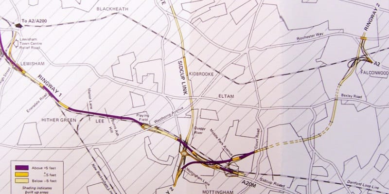 The Greenwich Borough Council's alternative proposals, deleting the A2(M) through Eltham. Click to enlarge