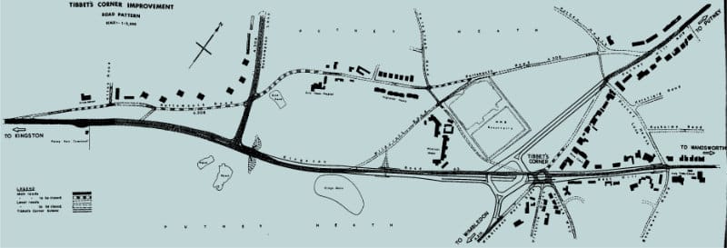 The LCC improvement scheme for Putney Heath. Many of the roads north of the A3 were narrowed or torn up entirely. Click to enlarge