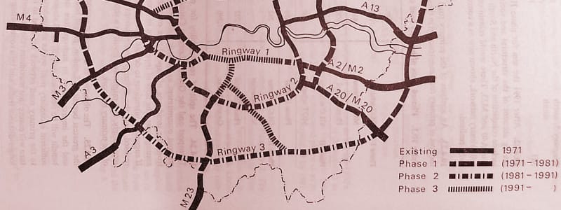The Primary Road Network in the GLC's 1970 transport strategy, with the M23 extending beyond Ringway 2. Click to enlarge