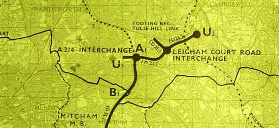 The end of the M23 and the Tulse Hill Link in the 1964 report, quickly replaced with several Ringways. Click to enlarge