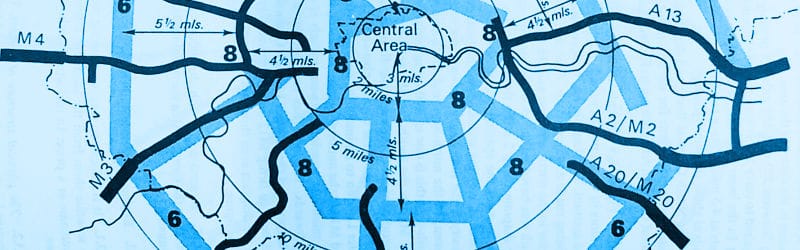 A diagram produced by the GLC to explain optimum route spacing, with a new road to fill the gap between M23 and A20. Click to enlarge