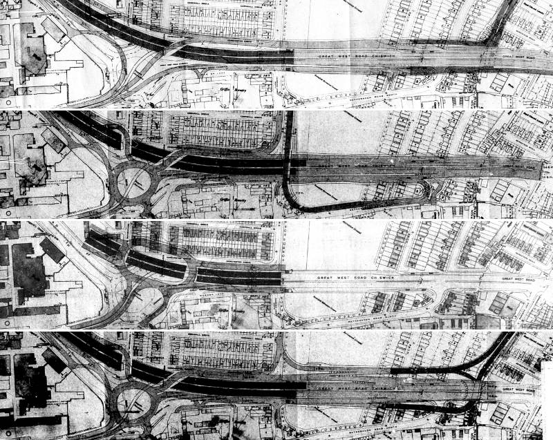 Four of the many possible layouts produced for Hogarth Roundabout, some including a link to Goldhawk Road. Click to enlarge