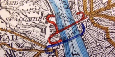 Routes for proposed bridge (blue) and tunnel (red), circa 1923. Click to enlarge